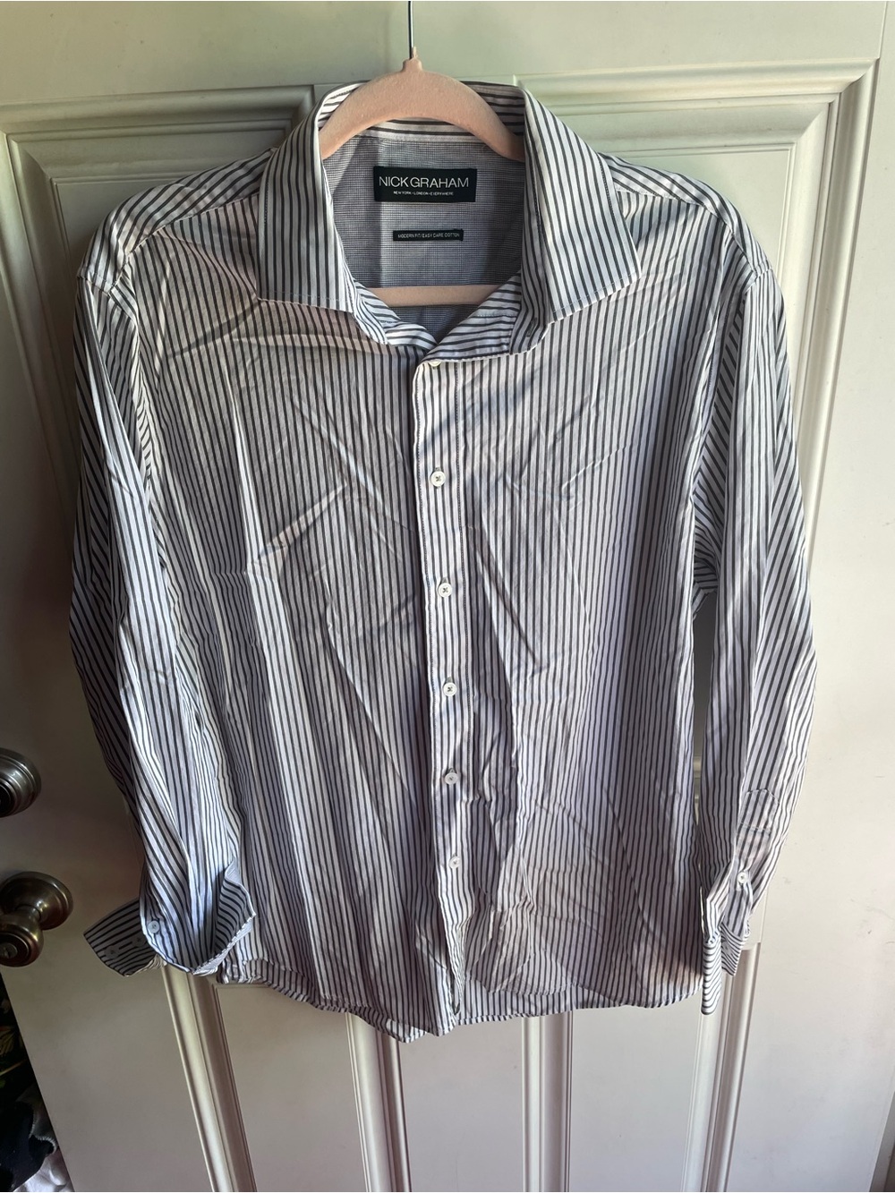 Nick Graham Men’s White Dress Shirt with Black Pinstripes